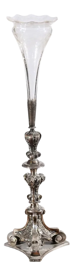 19th Century English Late Victorian Epergne with Silver Base and Crystal Vase