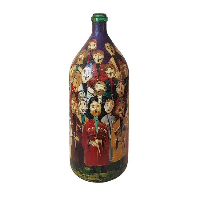 Large Hand-Painted Georgian Cossack Choir Folk Art Bottle on Soviet Glass Base, 2005 For Sale - Image 9 of 9