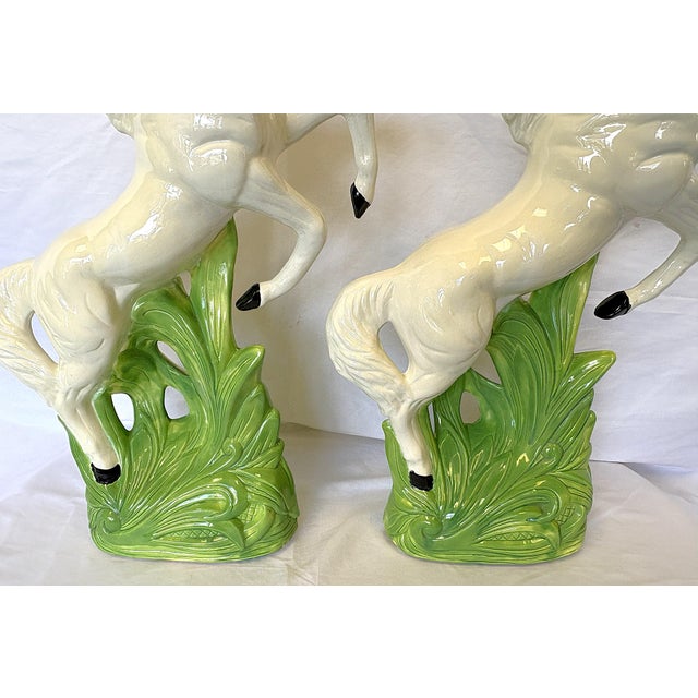 Mid Century Vintage Cast Ceramic Rearing White Mustangs With Glass Eyes- A Pair For Sale - Image 14 of 18