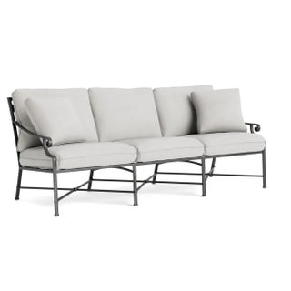 Brown Jordan Venetian Sofa, Textured Pewter frame with Fusion Dove fabric For Sale