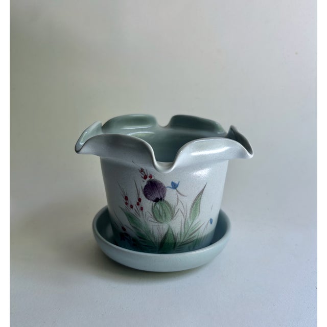 Vintage Scottish Buchan Glazed Stoneware fluted "Thistleware" Cachepot & Saucer. Featuring, a ruffled edge rim Light Blue...