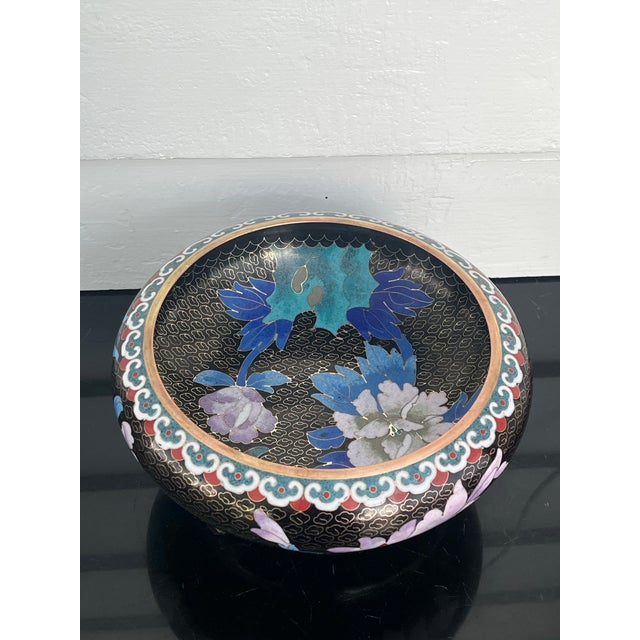 Chinese Cloisonné Black Enamel Bowl, Flowers and Birds, 8” With Stand For Sale - Image 6 of 12