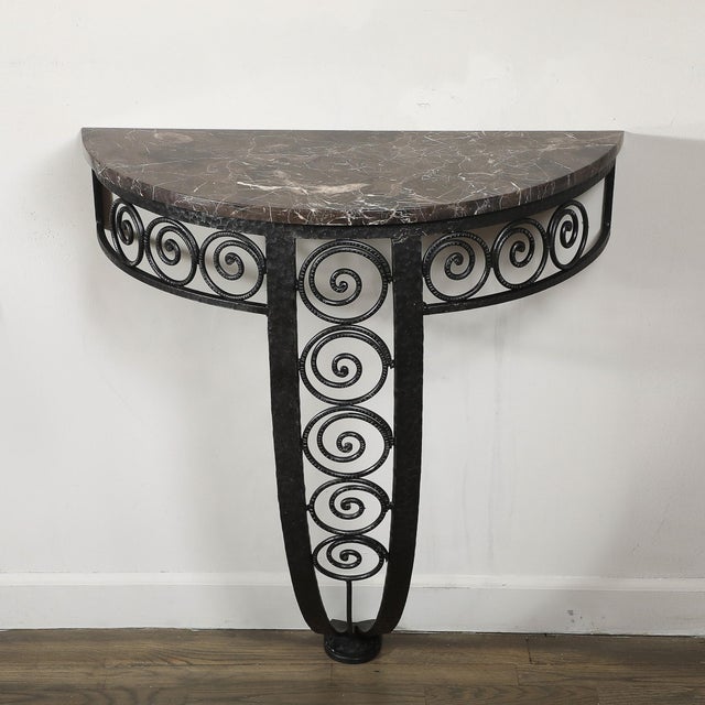 Black Art Deco Demilune Wrought-Iron Spiral & Noir St Laurent Marble Console Table For Sale - Image 8 of 17