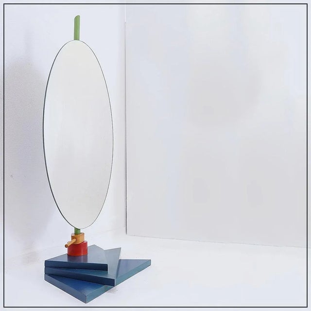 Vintage postmoder table mirror - 1980s Oval swivel mirror made of lacquered wood. The base is a shade of gray/blue....