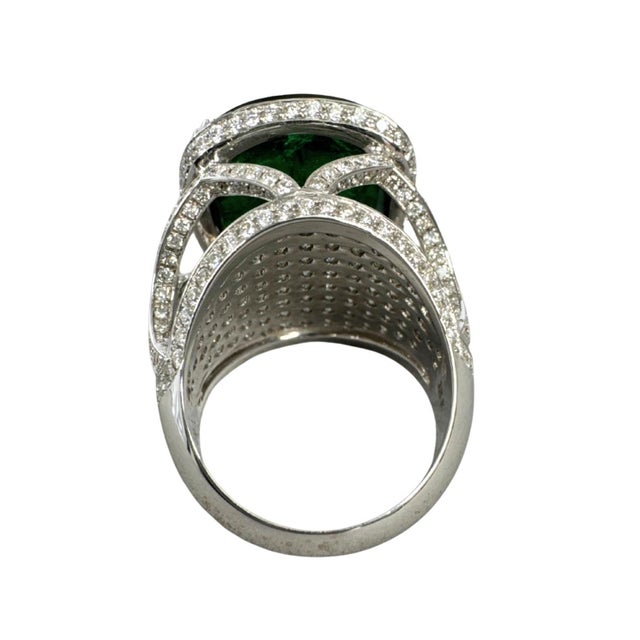Green 13.02 CTW Brazilian Emerald and Diamond Cocktail Ring in 18k White Gold, Size 6 For Sale - Image 8 of 12