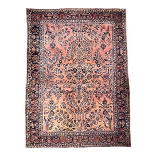 Antique Botanical Sarouk GEM Salmon, Coral, Pink & Peacock Blue Rug 10.3 x 13.4 For Sale