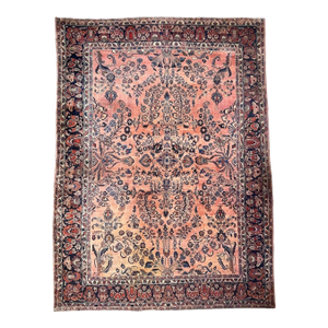 Antique Botanical Sarouk GEM Salmon, Coral, Pink & Peacock Blue Rug 10.3 x 13.4