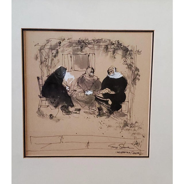 An original ink and gouache on paper, depicting a group of people sitting together in Ierapetra, Crete, Greece. The piece...