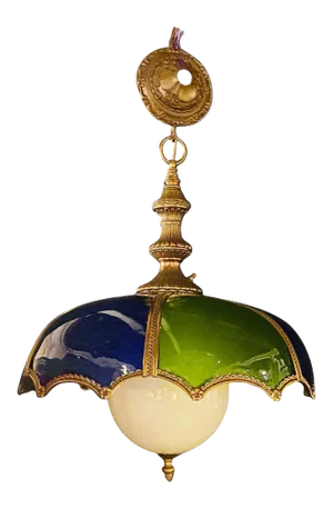 Mid-Century Modern Italian Stained Glass Dome Shaped Bronze Framed Light With Canopy
