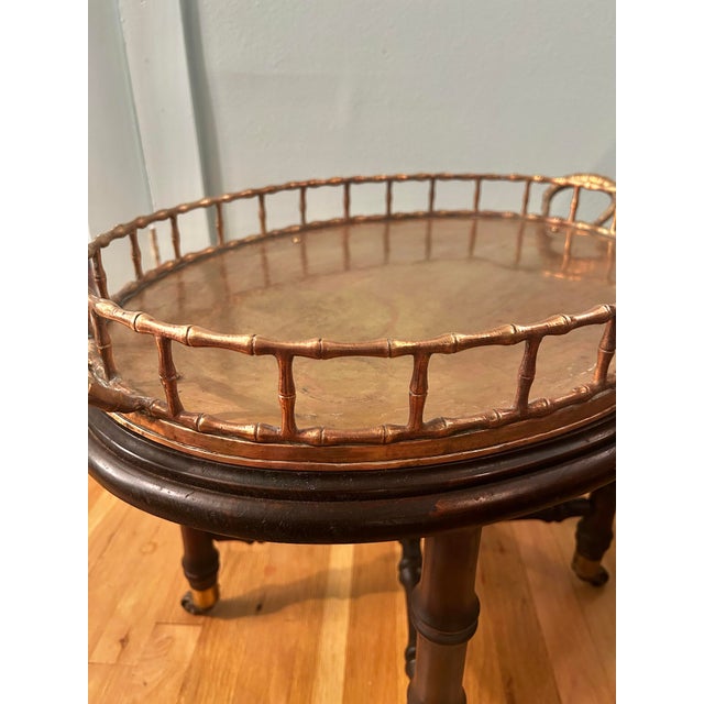 Mid 20th Century Vintage Custom Mahogany Cocktail Table With Attached Brass Faux Bamboo Gallery Tray Top For Sale - Image 5 of 12