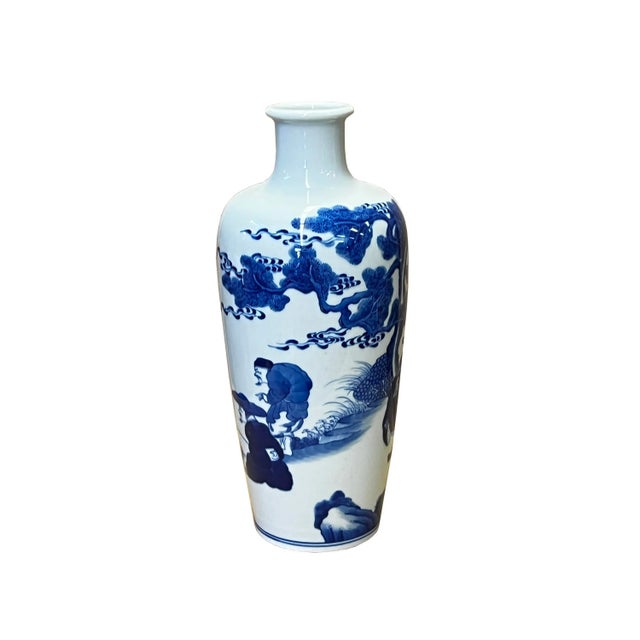 Blue Chinese Blue White Porcelain Round Body People Theme Vase For Sale - Image 8 of 10