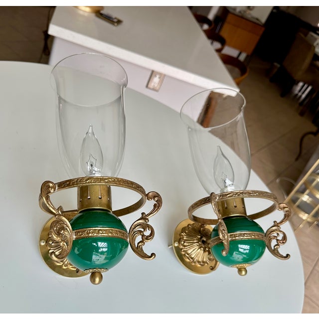 1960s Pair Italian Green & Brass Faux Oil Lamp Wall Sconces For Sale - Image 5 of 18