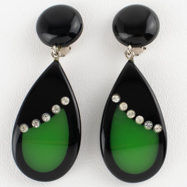 Contemporary Pierre Cardin Jeweled Dangle Clip Earrings Black and Green Resin For Sale - Image 3 of 8