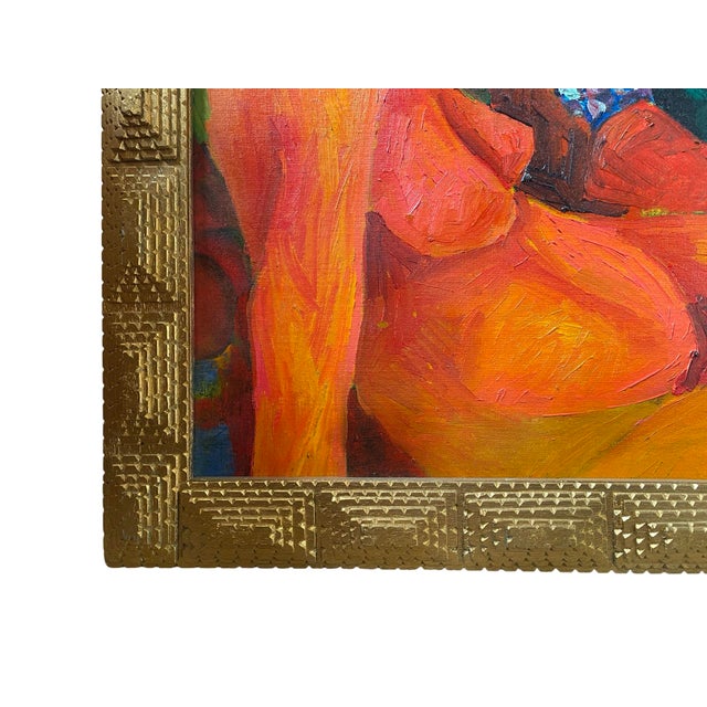 Vintage Colorful Oil on Board Painting of Nude Woman and Fruit in Handmade Geometric Wood Frame, Signed Alfonso Caliendo Circa 1990 For Sale - Image 4 of 12