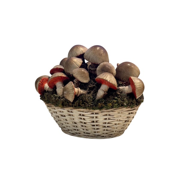Farmhouse Vintage Italian Tromp l'Oeil Hand-Painted Woven Ceramic Basket of Mushrooms For Sale - Image 3 of 17