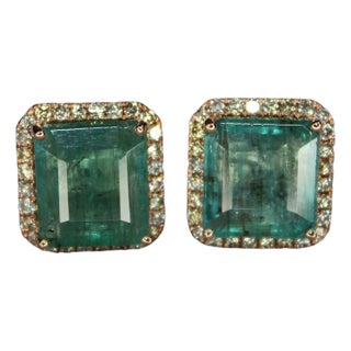 Emerald Cut Green Emerald Diamond Halo Stud 18k Rose Gold Earrings, A Pair For Sale