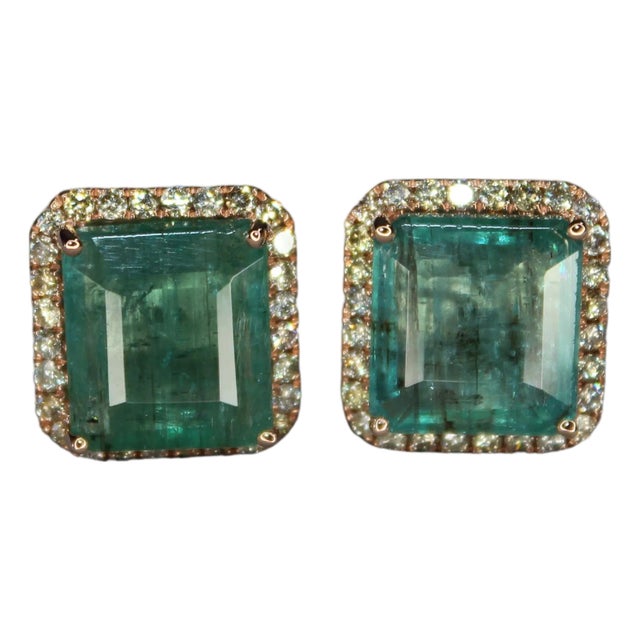 Emerald Cut Green Emerald Diamond Halo Stud 18k Rose Gold Earrings, A Pair For Sale