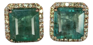 Emerald Cut Green Emerald Diamond Halo Stud 18k Rose Gold Earrings, A Pair