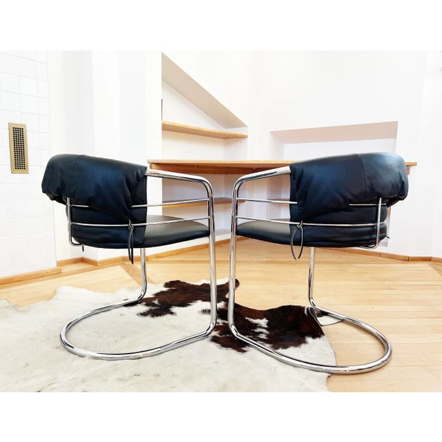 1980s Pair of Postmodern Italian Leather and Polished Chrome Accent Sling Chairs For Sale - Image 9 of 12