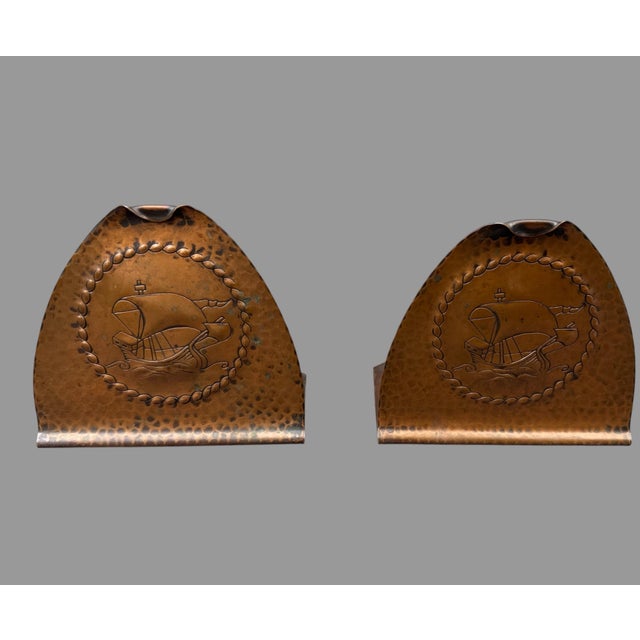 Metal Vintage Roycroft Hammered Copper Arts & Crafts Era Sailing Ship Bookends For Sale - Image 7 of 7