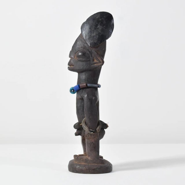 Dark Gray Early 20th Century Yoruba Ibeji Male Figure With Glass Bead Necklace Nigeria For Sale - Image 8 of 10