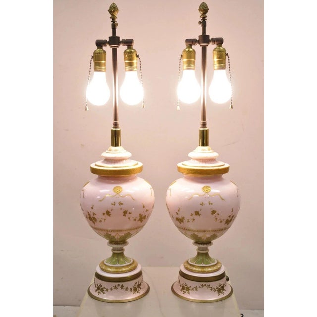 Antique French Louis XV Style Pink Porcelain Gold Hand Painted Bulbous Table Lamps - a Pair. Item features French pink...