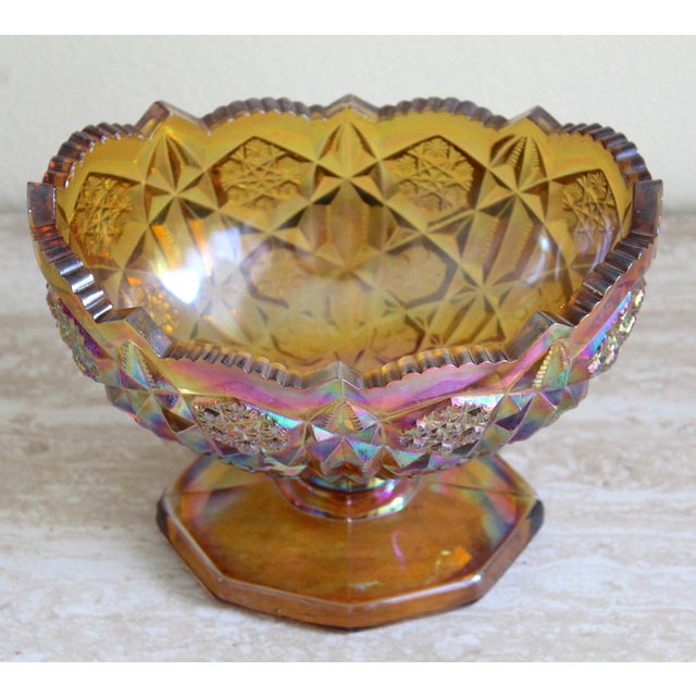 Glass Vintage l.e. Smith Heritage Amber Carnival Glass Oval Pedestal Compote Bowl For Sale - Image 7 of 13