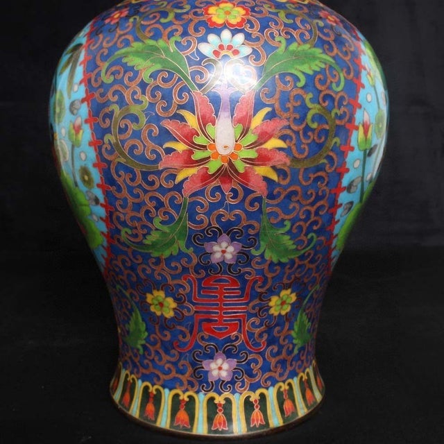 Blue Large Pair of Chinese Cloisonné Enamel Mandarin Duck & Lotus Jars With Lids - 19" Tall For Sale - Image 8 of 9