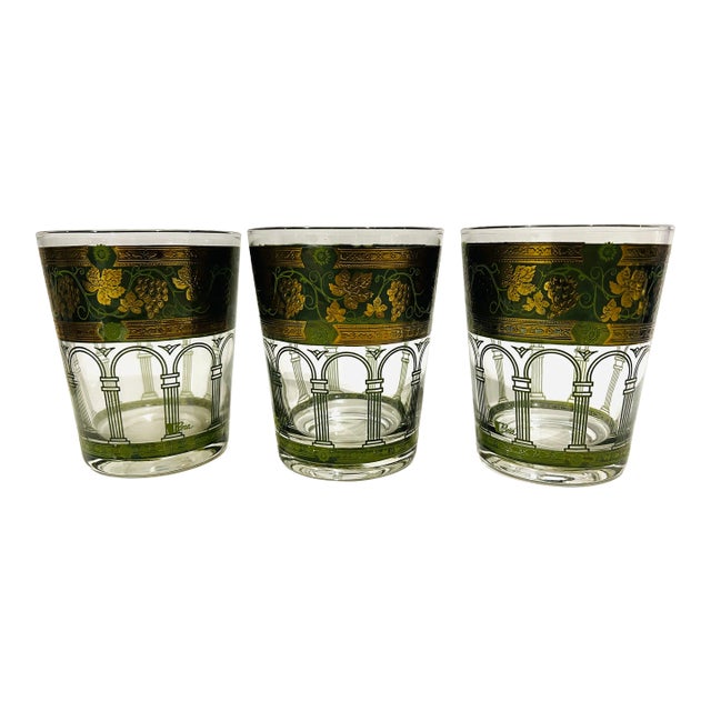 Vintage MCM Cera Cora Roman Arch Green and Gold Old Fashioned Set of 3 Glasses For Sale