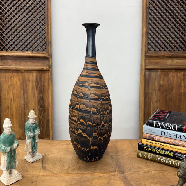 Rustic Black & Canyon Brown Ceramic Drip Vase with Fluted Neck For Sale - Image 3 of 9