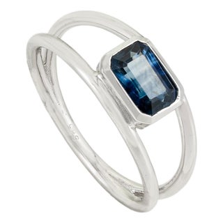 14k Gold 1.12 Carat Blue Sapphire Bezel Set Double Band Modernist Ring Size 8 For Sale