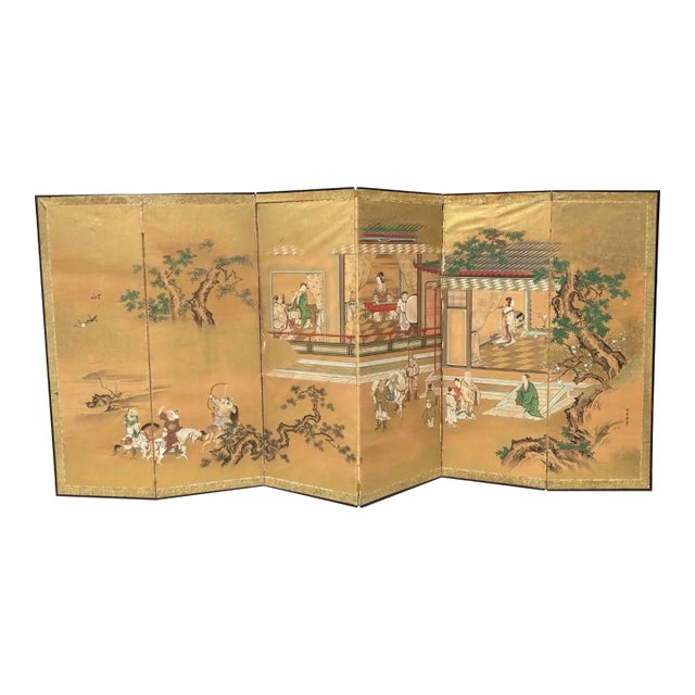 Antique Japanese Six Panel Room Divider Floor Screen For Sale