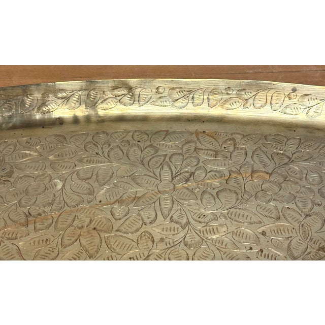 Metal Vintage Indian Engraved Floral Brass Tray For Sale - Image 7 of 8