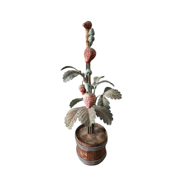 French Vintage Italian Tole Peinte Potted Strawberry Plant Sculpture / Toleware Floral / Flower Arrangement, Made in Italy, a Pair For Sale - Image 3 of 12