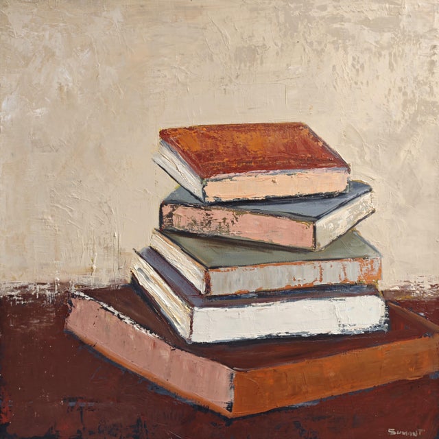 A refined contemporary still life by French artist Sophie Dumont, featuring a carefully balanced stack of books rendered...