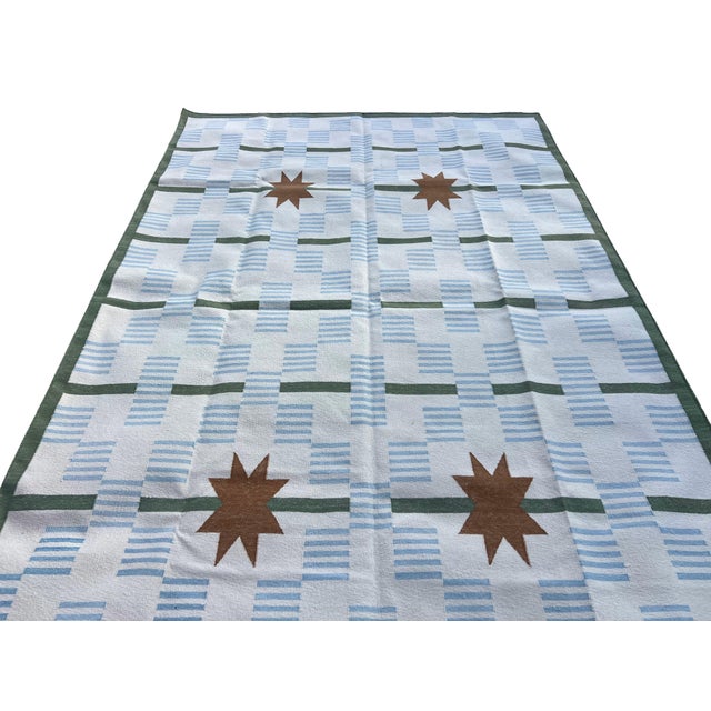 Handmade Cotton Vegetable Dyed Area Rug, Cream, Sky Blue, Sage Green Star Dash Dhurrie-8x10 For Sale - Image 10 of 12