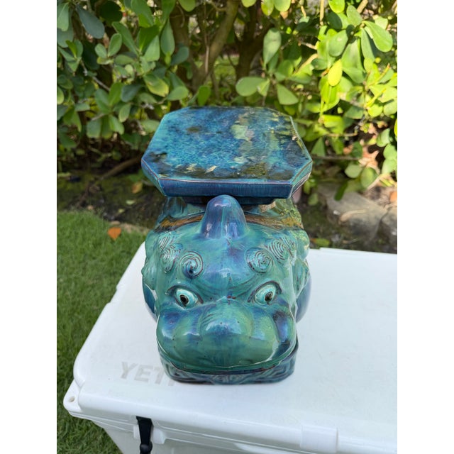 Ceramic Vintage Blue Green Glazed Terracotta Foo Dog Petite Garden Stool For Sale - Image 7 of 11
