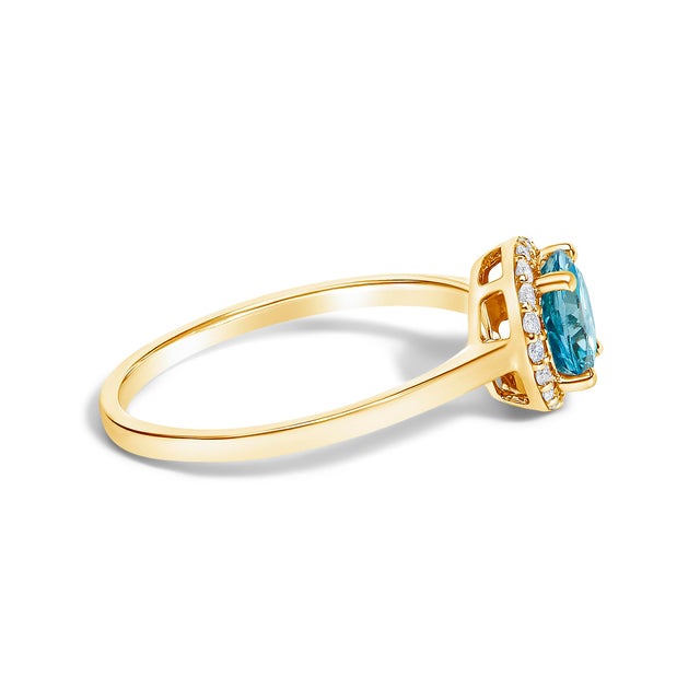 Contemporary 10K Yellow Gold Blue Topaz and 1/10 Cttw Diamond Halo Ring, Size 6.5 For Sale - Image 3 of 7