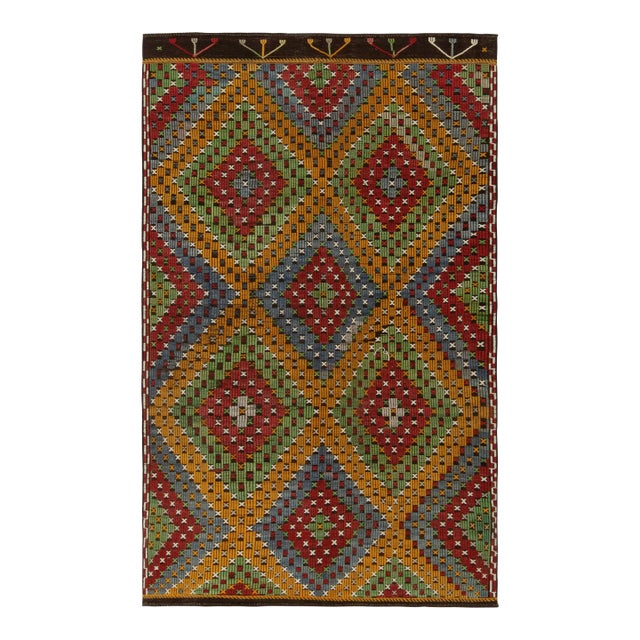 Vintage Cecim Kilim in Green, Gold, Red and Blue Tribal Geometric Pattern For Sale