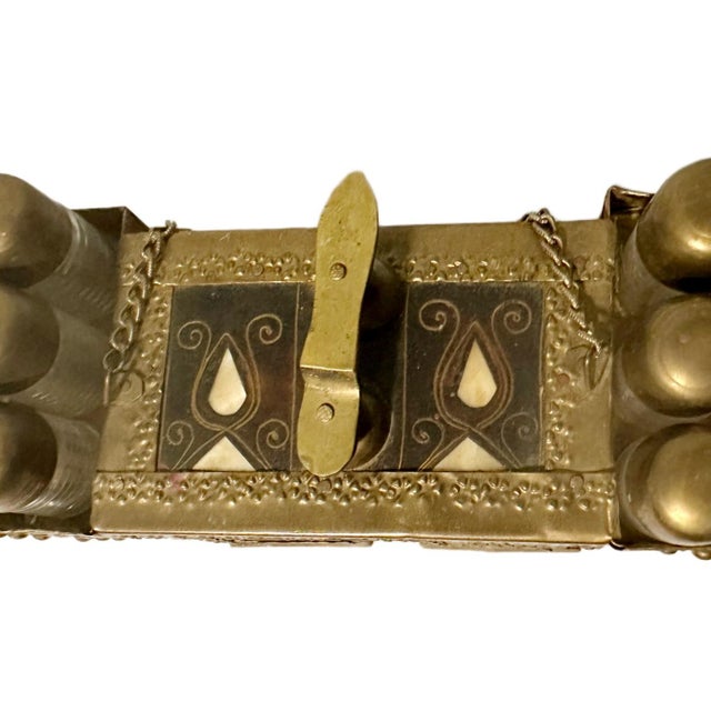 Antique Turkish Mother-of-Pearl Inlay Wood & Brass Shoe Shine Box Stand For Sale - Image 4 of 7