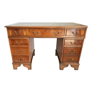 Antique Twin Pedestal Desk in Dark Yew Wood and Leather Top, 1980 For Sale