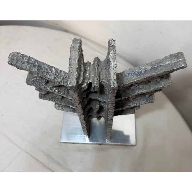 Chrome Vintage 91' Chrome Metal Brutalist Statue Sculpture Presentation Award Silver For Sale - Image 8 of 11