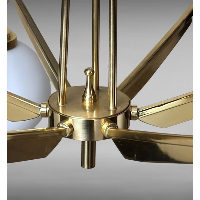 Mid 20th Century Stilnovo Style Italian Brass Six-Light Chandelier With Opaline Glass Globes For Sale - Image 14 of 18