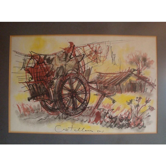 Mid-century modern lithograph art print of a western Conestoga style wagon cart with a farm barn in the background. Work's...