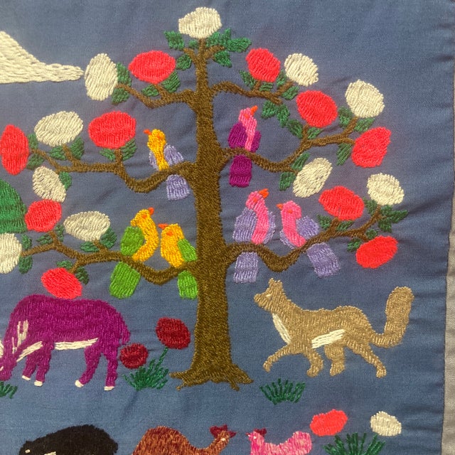Blue Vintage 1980s Framed Hmong Paj Ntaub Wildlife Story Cloth – Hand-Embroidered Textile Art For Sale - Image 8 of 12