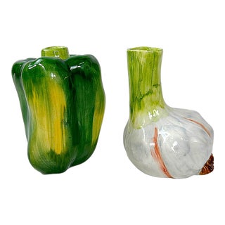 1980's Italian Majolica Trompe l'Oeil Bell Pepper & Onion Candle Holders - Set of 2 For Sale