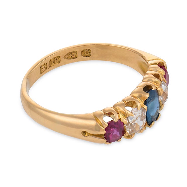 19th Century Victorian English Sapphire Ruby Diamond 18k Yellow Gold Five Stone Ring, Size 5.75 For Sale - Image 4 of 7