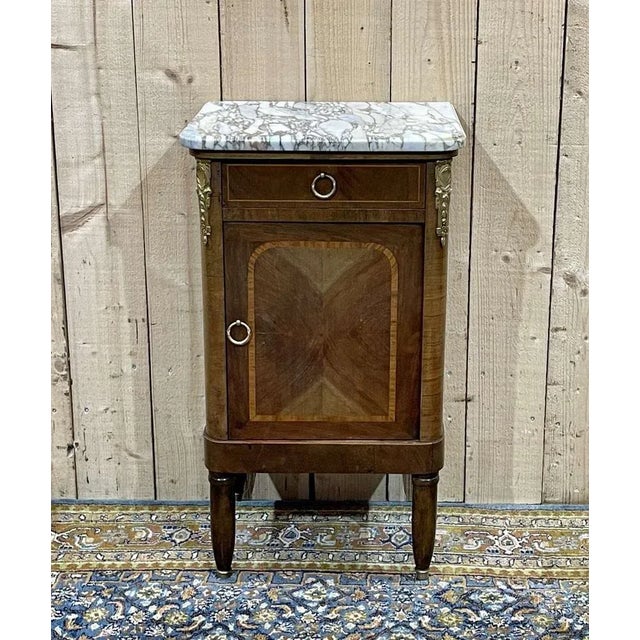 Nightstand in Marquetry and White Marble, Early 20th Century For Sale - Image 10 of 10
