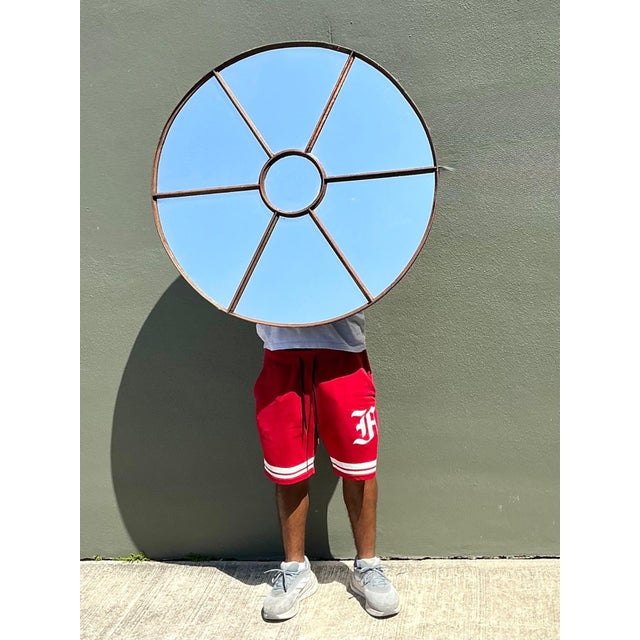 Vintage Wrought Iron Round Windowpane Mirror For Sale - Image 4 of 12