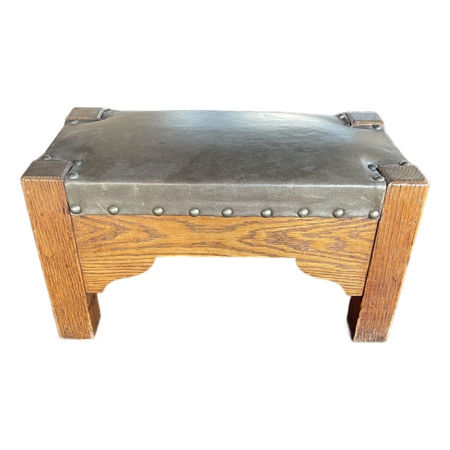 Antique Mission Arts & Crafts Oak Period Green Leather Foot Stool For Sale
